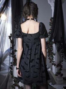 ROMWE Goth Bat Print Contrast Mesh Dress - Black - View 6