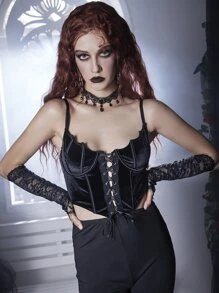 ROMWE Goth Velvet Lace Up Crop Cami - Black - View 4