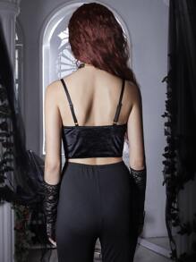 ROMWE Goth Velvet Lace Up Crop Cami - Black - View 5