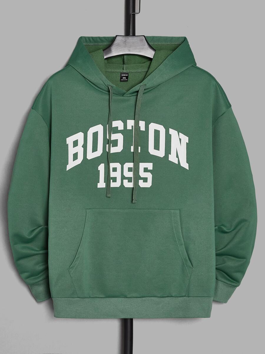 Manfinity Men Plus Letter Graphic Drop Shoulder Hoodie - Green - View 1