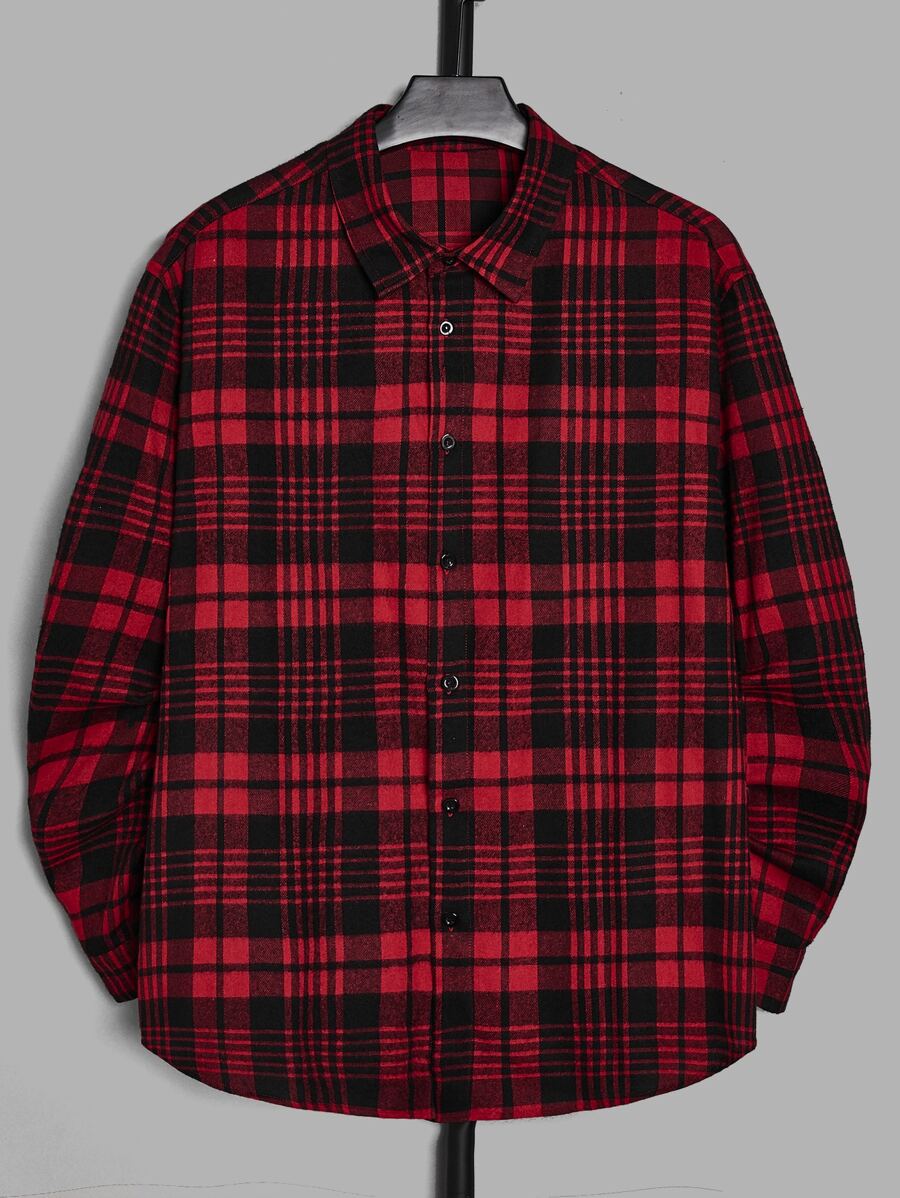 GENTILAND Loose Plus Size Men Plaid Curved Hem Long Sleeve Casual Shirt - Multicolor - View 1