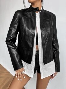 SHEIN Privé Áo khoác nữ Dây kéo màu trơn Hấp dẫn - màu đen - Xem 4