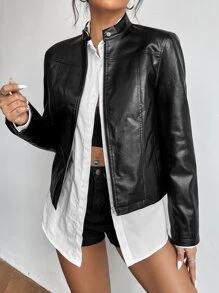 SHEIN Privé Áo khoác nữ Dây kéo màu trơn Hấp dẫn - màu đen - Xem 1