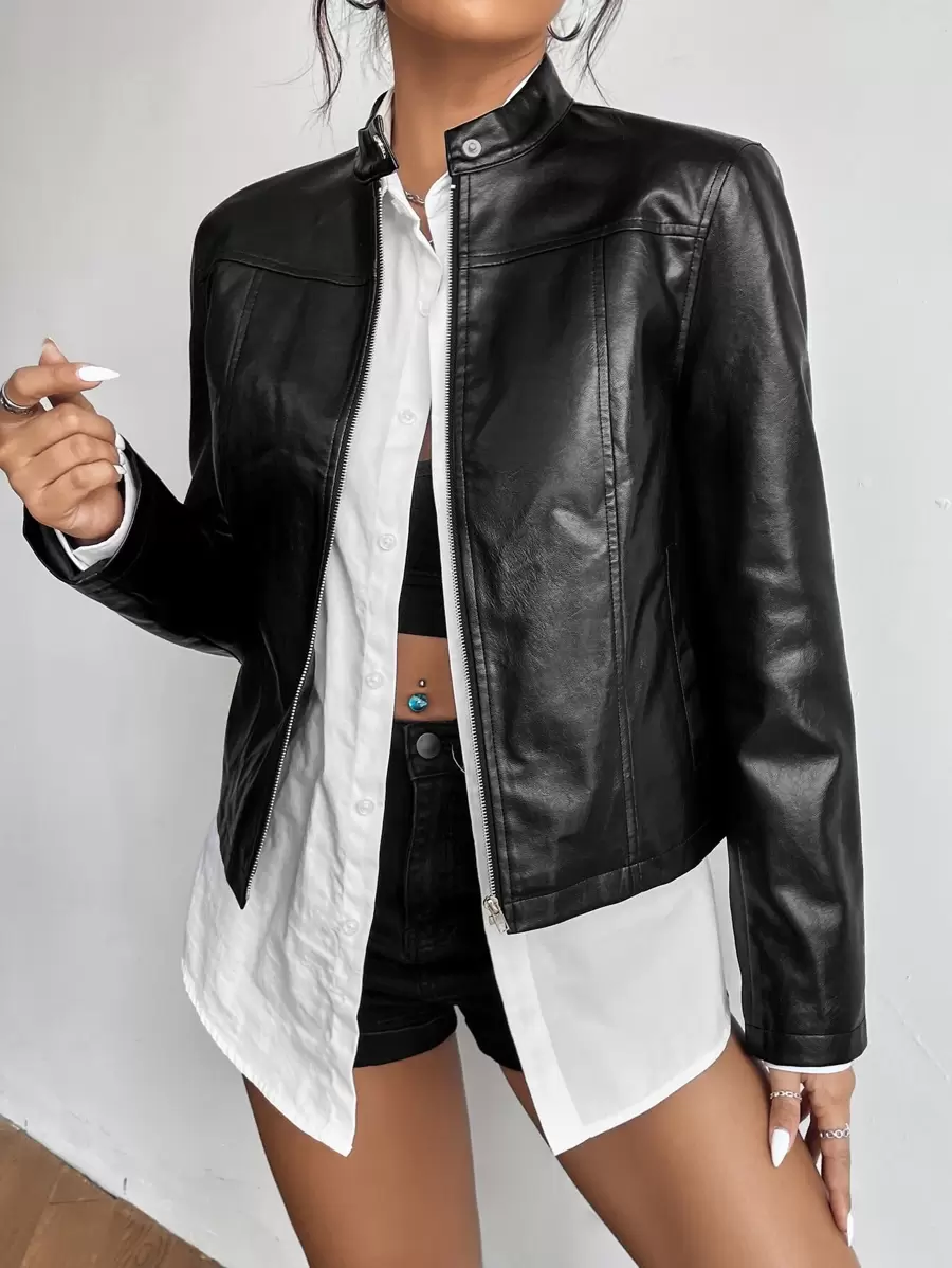 SHEIN Privé Áo khoác nữ Dây kéo màu trơn Hấp dẫn - màu đen - Xem 1