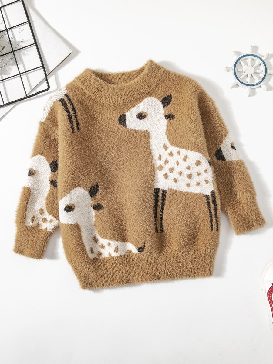 Toddler Girls Deer Pattern Fluffy Knit Jumper - Brown - View 1