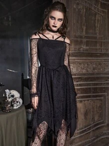 ROMWE Goth 素色肩上打結不對稱下擺洋裝 - 黑色 - 查看 1