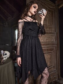 ROMWE Goth 素色肩上打結不對稱下擺洋裝 - 黑色 - 查看 2