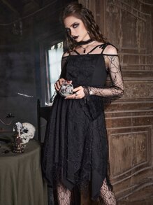 ROMWE Goth 素色肩上打結不對稱下擺洋裝 - 黑色 - 查看 3