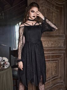 ROMWE Goth 素色肩上打結不對稱下擺洋裝 - 黑色 - 查看 4