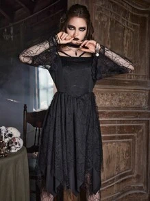 ROMWE Goth 素色肩上打結不對稱下擺洋裝 - 黑色 - 查看 5