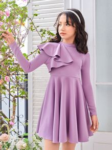 SHEIN Chica Joven Vestido de cuello alto ribete con fruncido flor - Lila Púrpura - Ver 6