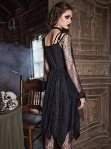 ROMWE Goth 素色肩上打結不對稱下擺洋裝 - 黑色 - 查看 6