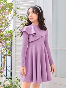 SHEIN Chica Joven Vestido de cuello alto ribete con fruncido flor - Lila Púrpura - Ver 4