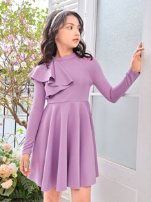 SHEIN Chica Joven Vestido de cuello alto ribete con fruncido flor - Lila Púrpura - Ver 5