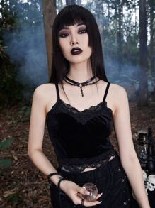 ROMWE Velvet Contrast Lace Cami Top Gothic - Black - View 1