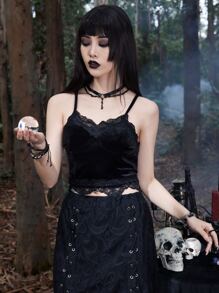 ROMWE Velvet Contrast Lace Cami Top Gothic - Black - View 2