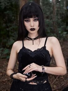 ROMWE Velvet Contrast Lace Cami Top Gothic - Black - View 3