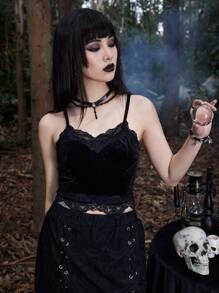 ROMWE Velvet Contrast Lace Cami Top Gothic - Black - View 4