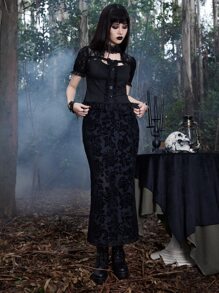 ROMWE Goth Floral Print Mesh Skirt - Black - View 2