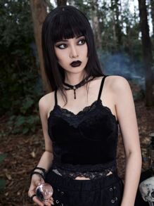 ROMWE Velvet Contrast Lace Cami Top Gothic - Black - View 5