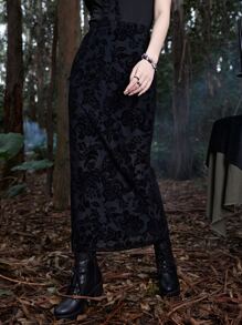 ROMWE Goth Floral Print Mesh Skirt - Black - View 3