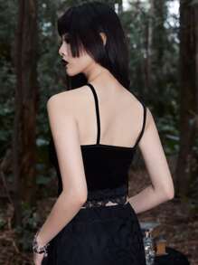 ROMWE Velvet Contrast Lace Cami Top Gothic - Black - View 6