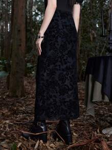 ROMWE Goth Floral Print Mesh Skirt - Black - View 5