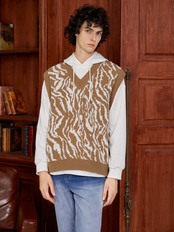 Men 1pc Zebra Striped Pattern Sweater Vest, Warming