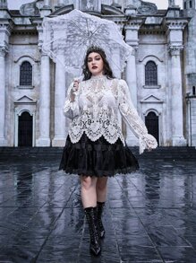 ROMWE PUNK Plus Guipure Lace Sheer Top Without Bra - White - View 2