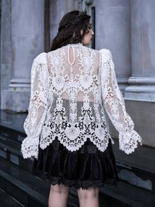 ROMWE PUNK Plus Guipure Lace Sheer Top Without Bra - White - View 3