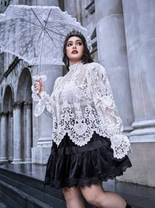 ROMWE PUNK Plus Guipure Lace Sheer Top Without Bra - White - View 5