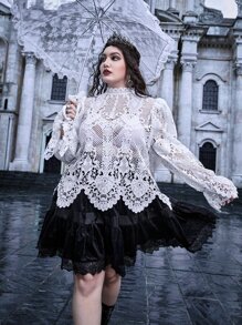 ROMWE PUNK Plus Guipure Lace Sheer Top Without Bra - White - View 1