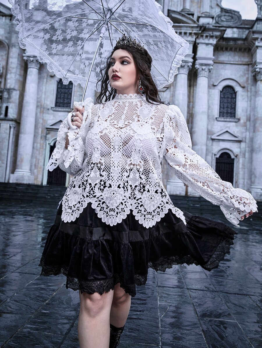 ROMWE PUNK Plus Guipure Lace Sheer Top Without Bra - White - View 1