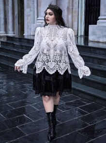 ROMWE PUNK Plus Guipure Lace Sheer Top Without Bra - White - View 6
