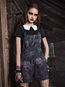 ROMWE Goth Skull Print Overall Romper - Black - View 2