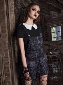 ROMWE Goth Skull Print Overall Romper - Black - View 3