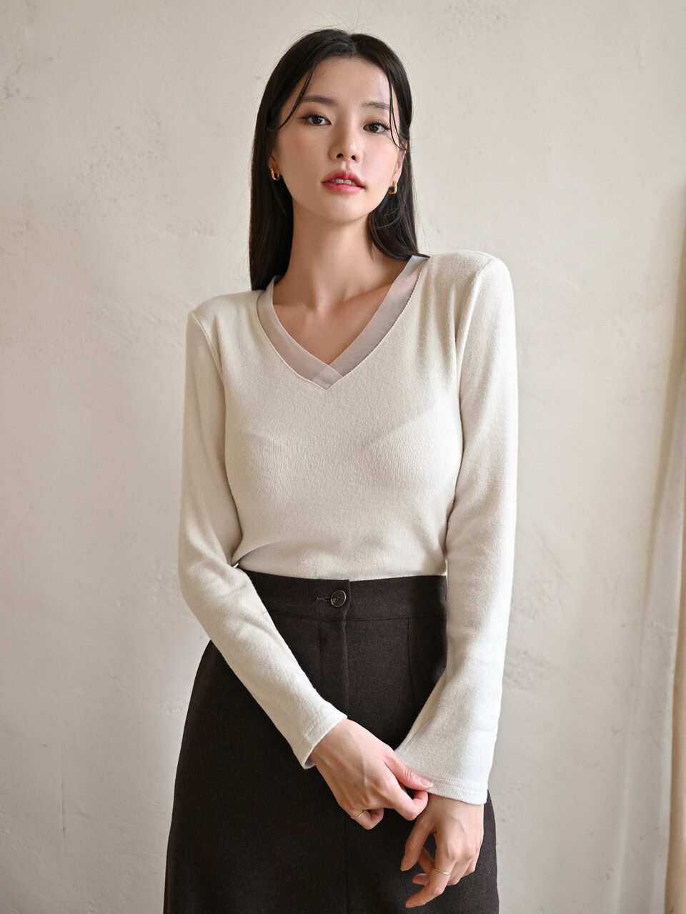 Solid Contrast Mesh V Neck Thermal Underwear Top