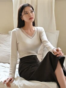 DAZY Solid Contrast Mesh V Neck Thermal Underwear Top - Beige - View 5