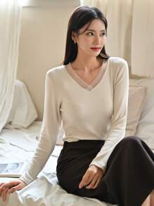 DAZY Solid Contrast Mesh V Neck Thermal Underwear Top - Beige - View 6
