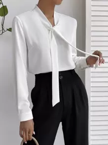 Firerie 素色繫帶領襯衫 - 白色 - 查看 1