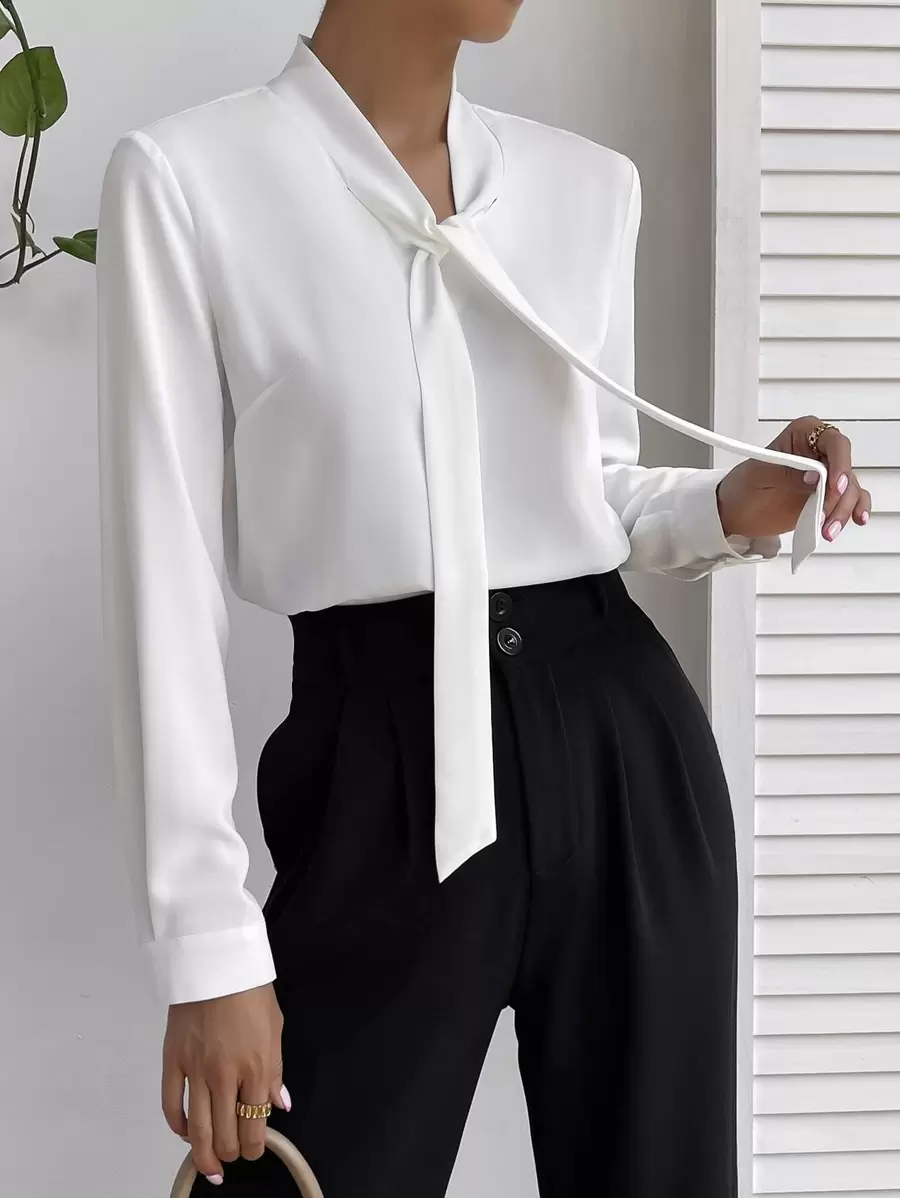 Firerie 素色繫帶領襯衫 - 白色 - 查看 1