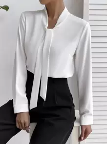 Firerie 素色繫帶領襯衫 - 白色 - 查看 3