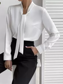 Firerie 素色繫帶領襯衫 - 白色 - 查看 7