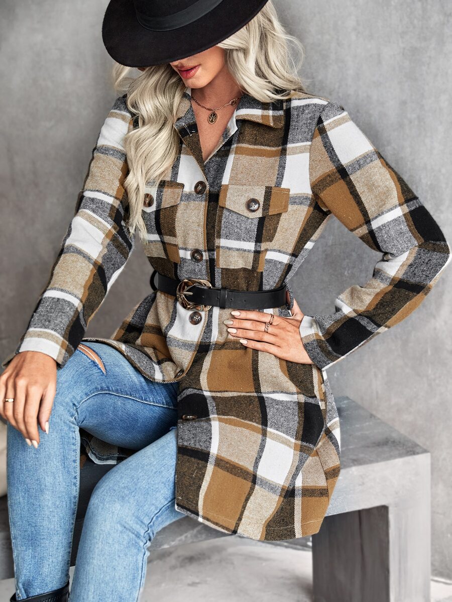 SHEIN LUNE Plaid Flap Pocket Coat Without Belt - Khaki - View 1