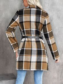SHEIN LUNE Plaid Flap Pocket Coat Without Belt - Khaki - View 2