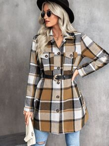 SHEIN LUNE Plaid Flap Pocket Coat Without Belt - Khaki - View 3