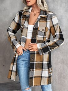 SHEIN LUNE Plaid Flap Pocket Coat Without Belt - Khaki - View 4