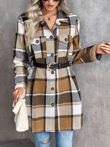 SHEIN LUNE Plaid Flap Pocket Coat Without Belt - Khaki - View 5