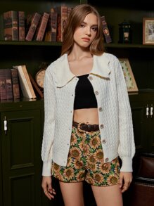 SHEIN MOD 貝殼邊紋理質感針織開衫 - 米色 - 查看 3