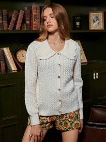 SHEIN MOD 貝殼邊紋理質感針織開衫 - 米色 - 查看 4